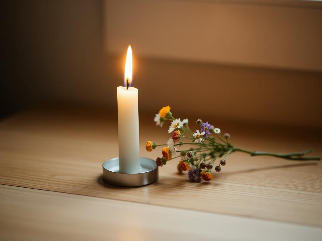 A single candle beside wildflowers